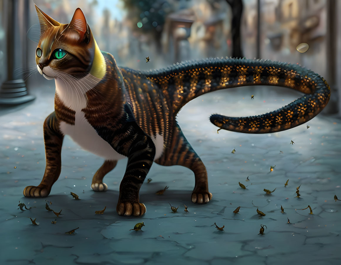 Fantasy-themed digital art: Cat with glowing night sky tail on cobblestone street