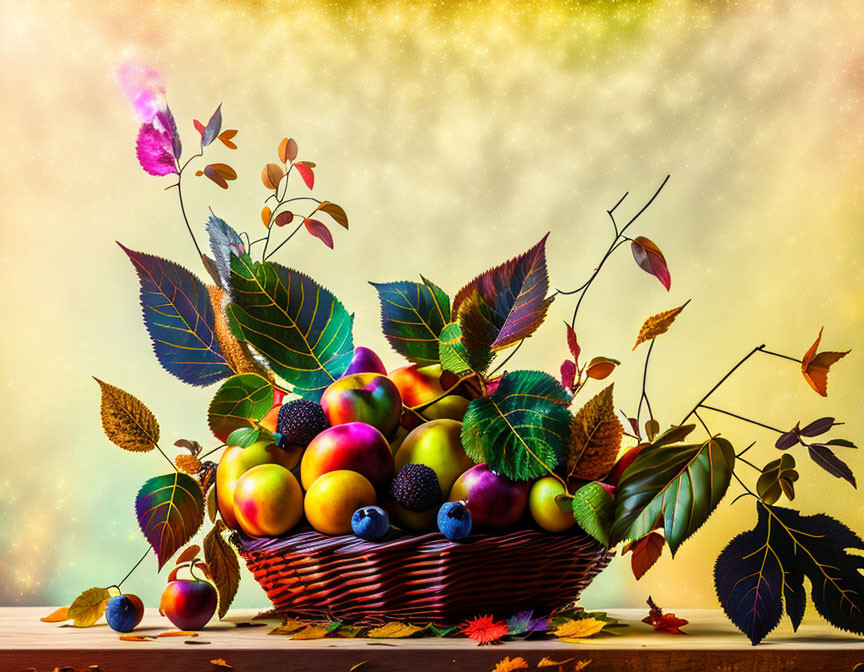 Colorful Fruit Basket Still Life with Autumn Leaves and Bokeh Background