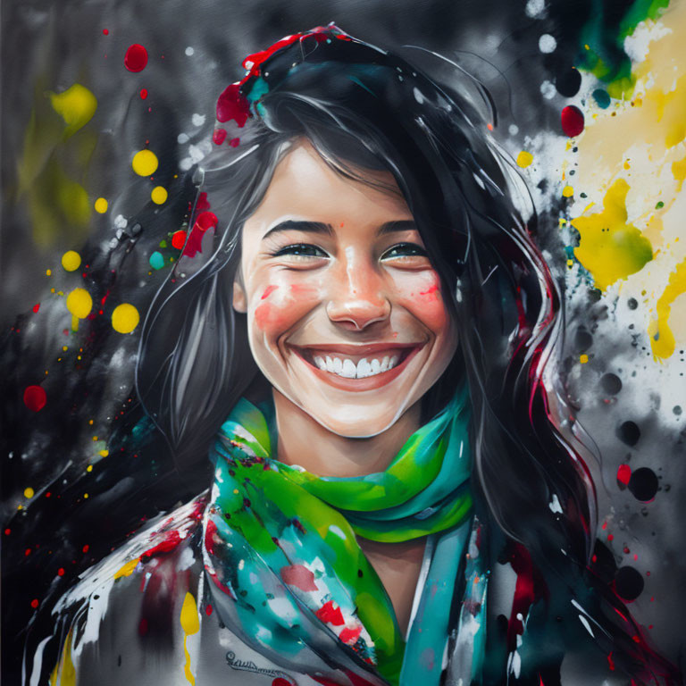 Colorful painting of smiling woman with red, yellow, and green splashes