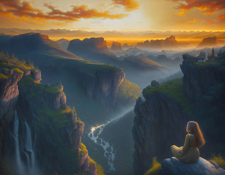 Person overlooking majestic valley with waterfalls and sunrise from cliff edge