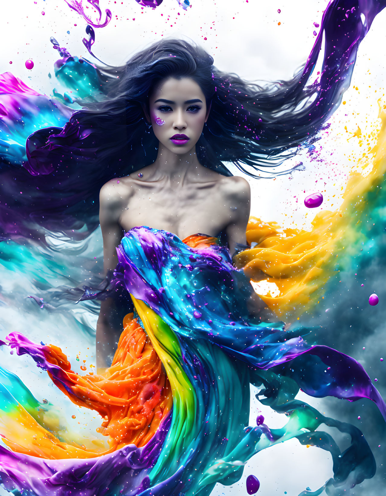 Colorful digital artwork: Woman with dynamic, multicolored hair and paint swirl garments.