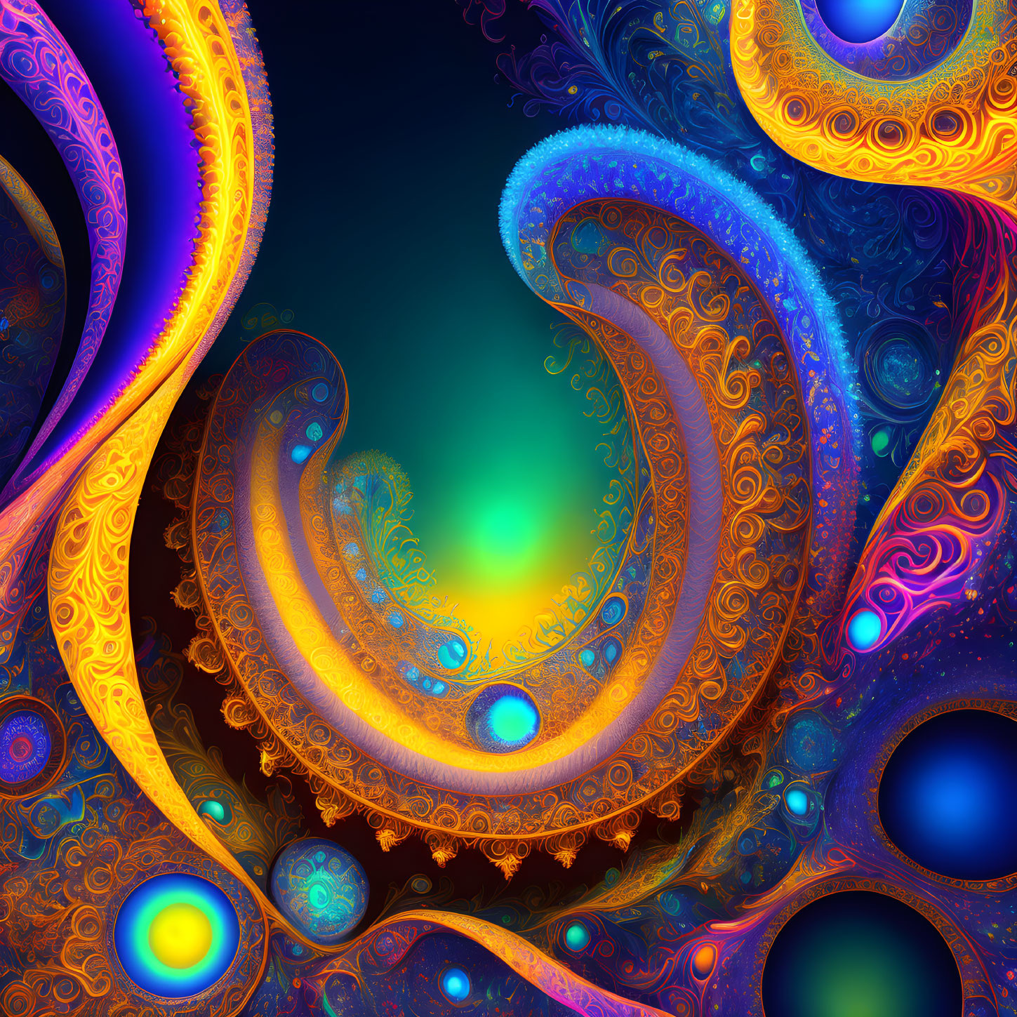 Colorful Fractal Art: Blue, Orange, Gold Swirls & Circular Motifs