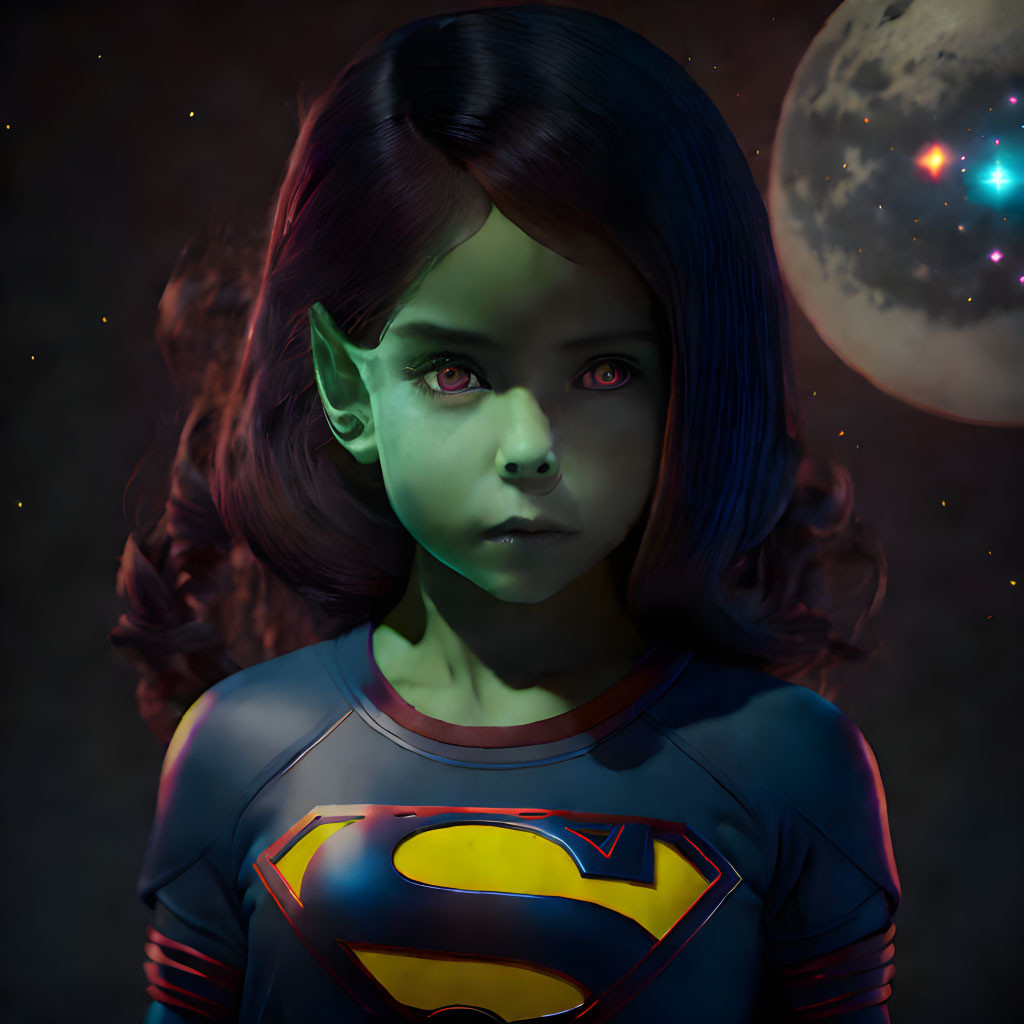 Young girl superhero with green skin in cosmic setting