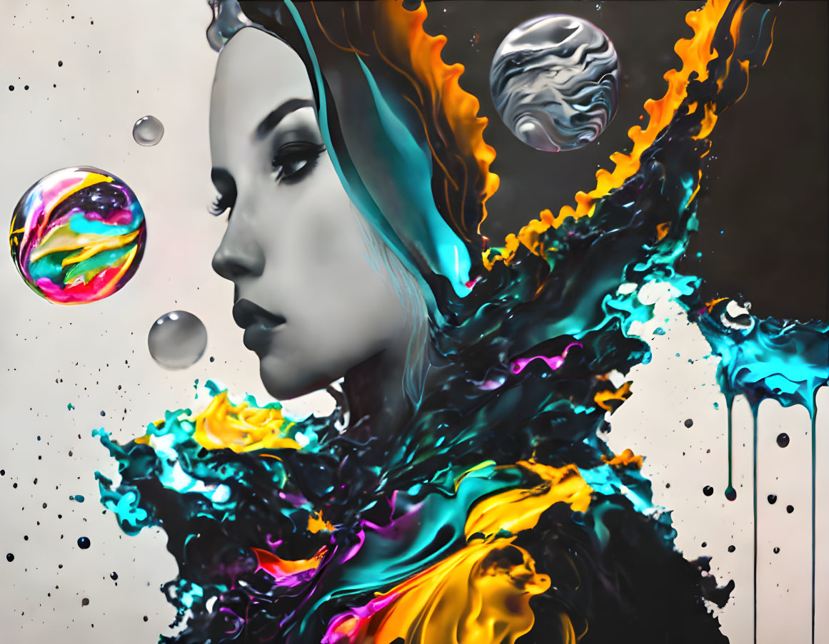 Vibrant surreal portrait blending colors and bubbles against cosmic backdrop