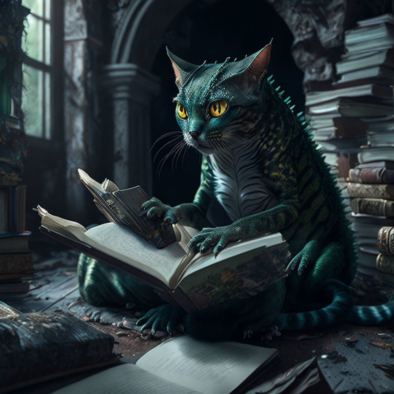 Anthropomorphic cat reading in abandoned library