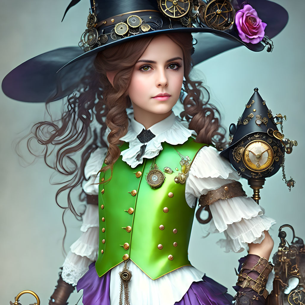 Detailed steampunk woman illustration with intricate attire and mechanical accessories