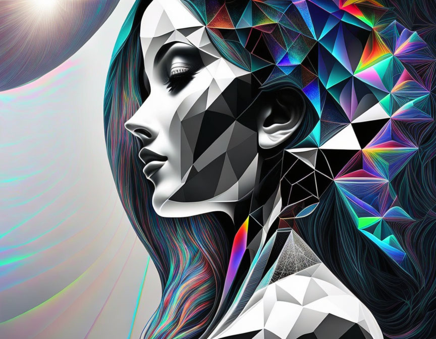 Vibrant digital artwork: Woman in profile with geometric patterns and rainbow hair under luminous crescent