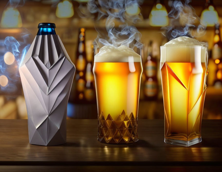 Metal bottle and beer glasses on bar counter with bottles in background