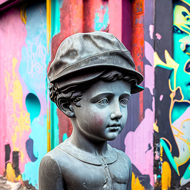 Bronze statue of child with cap in front of colorful graffiti