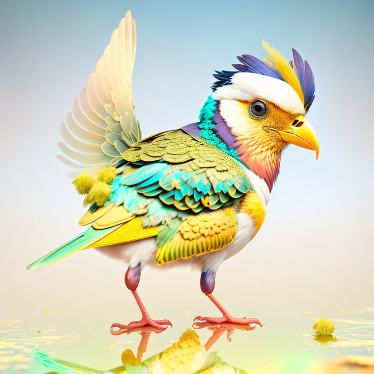 Colorful bird with intricate feathers and unique features on reflective surface