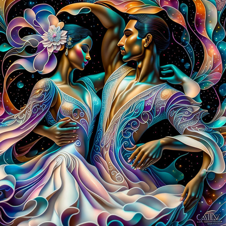 Colorful artwork of man and woman dancing in floral setting