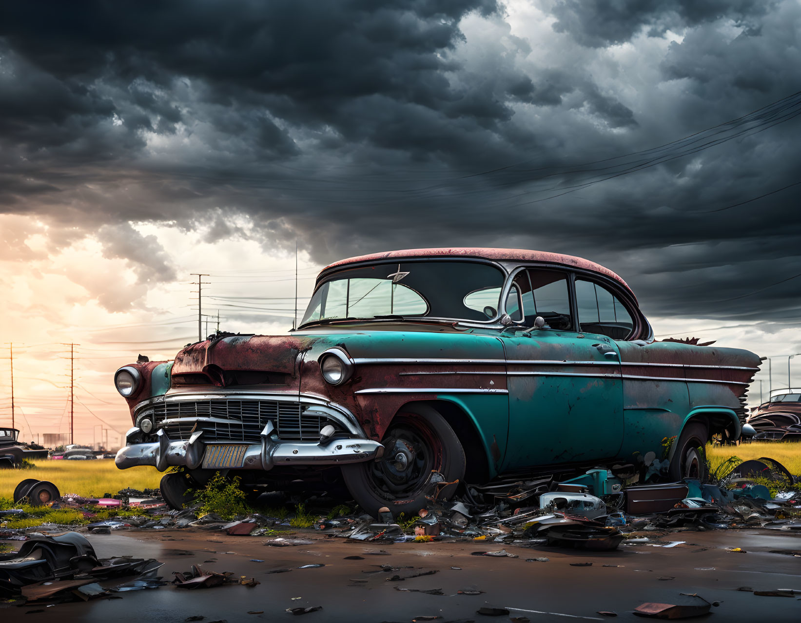 Abandoned vintage car in field under stormy sky