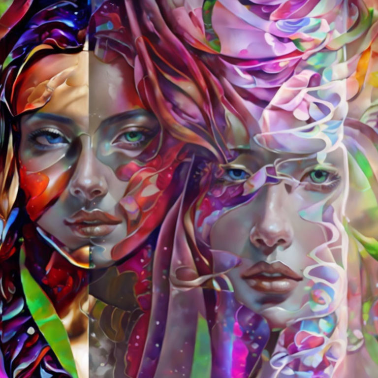 Colorful digital artwork: Overlapping female faces with fluid patterns