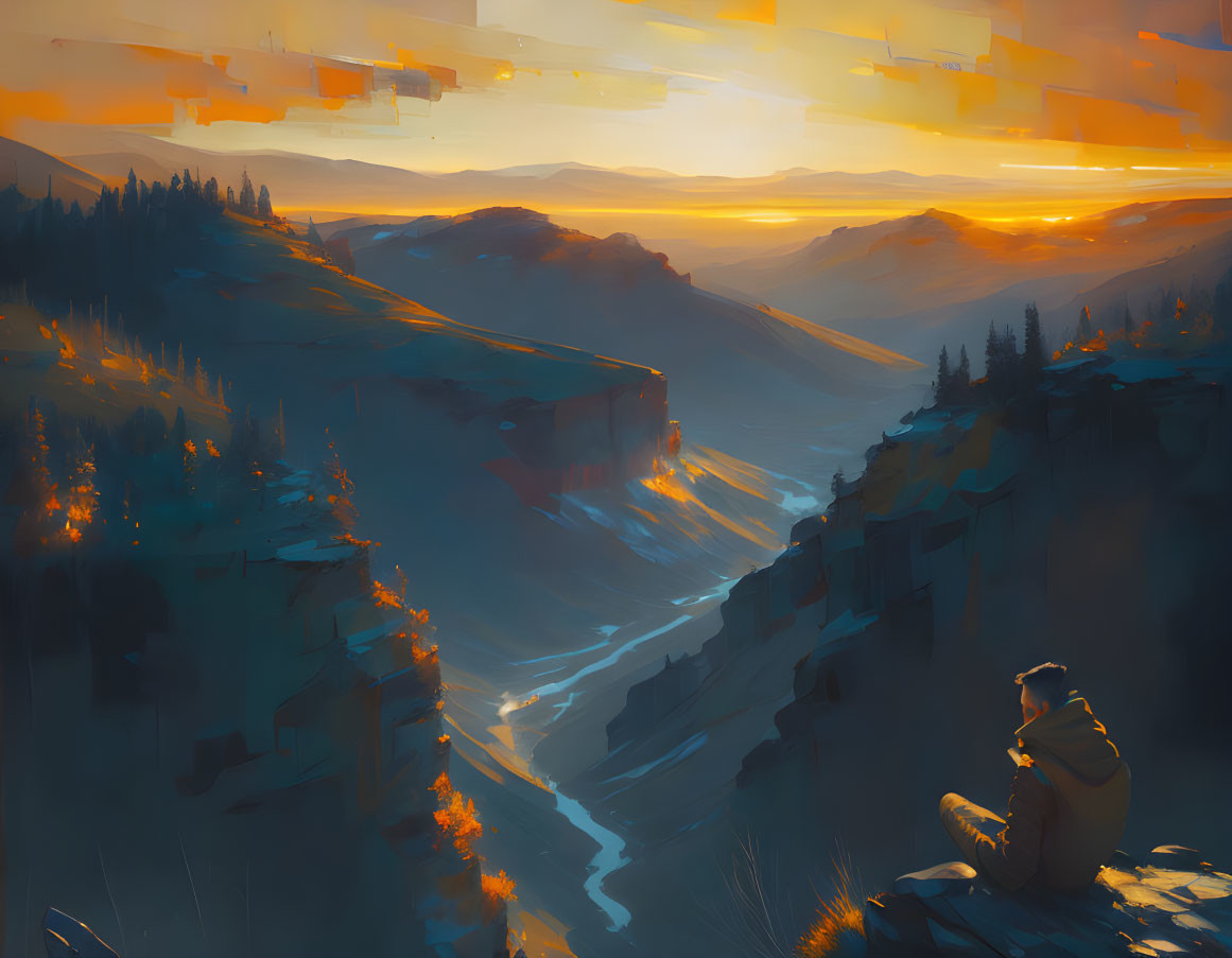 Person overlooking futuristic valley with floating structures at sunset