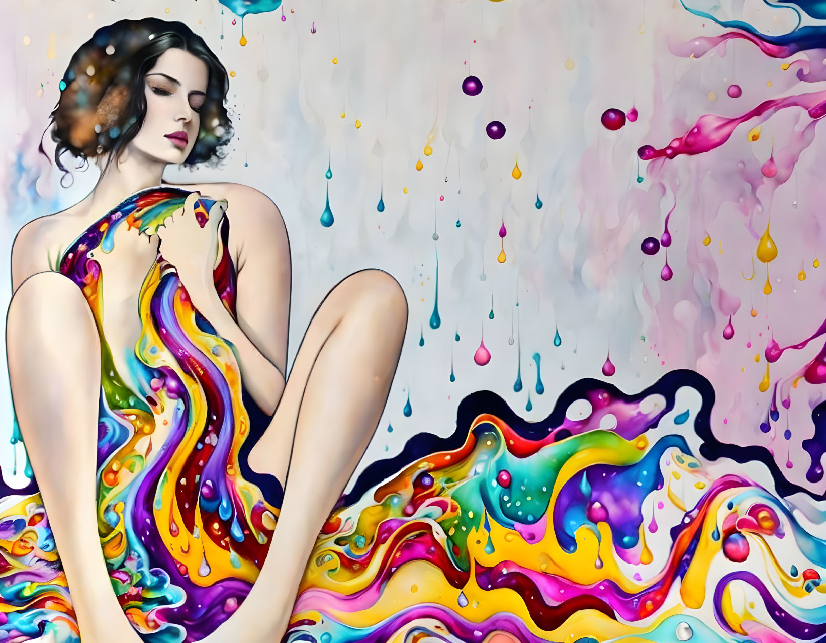 Vibrant artwork featuring woman with flowing paint patterns