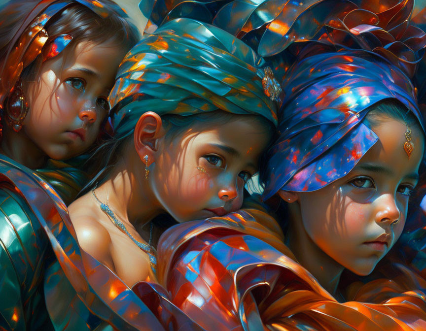 Three girls in blue and turquoise head wraps and traditional jewelry, portrayed with expressive eyes and faces.