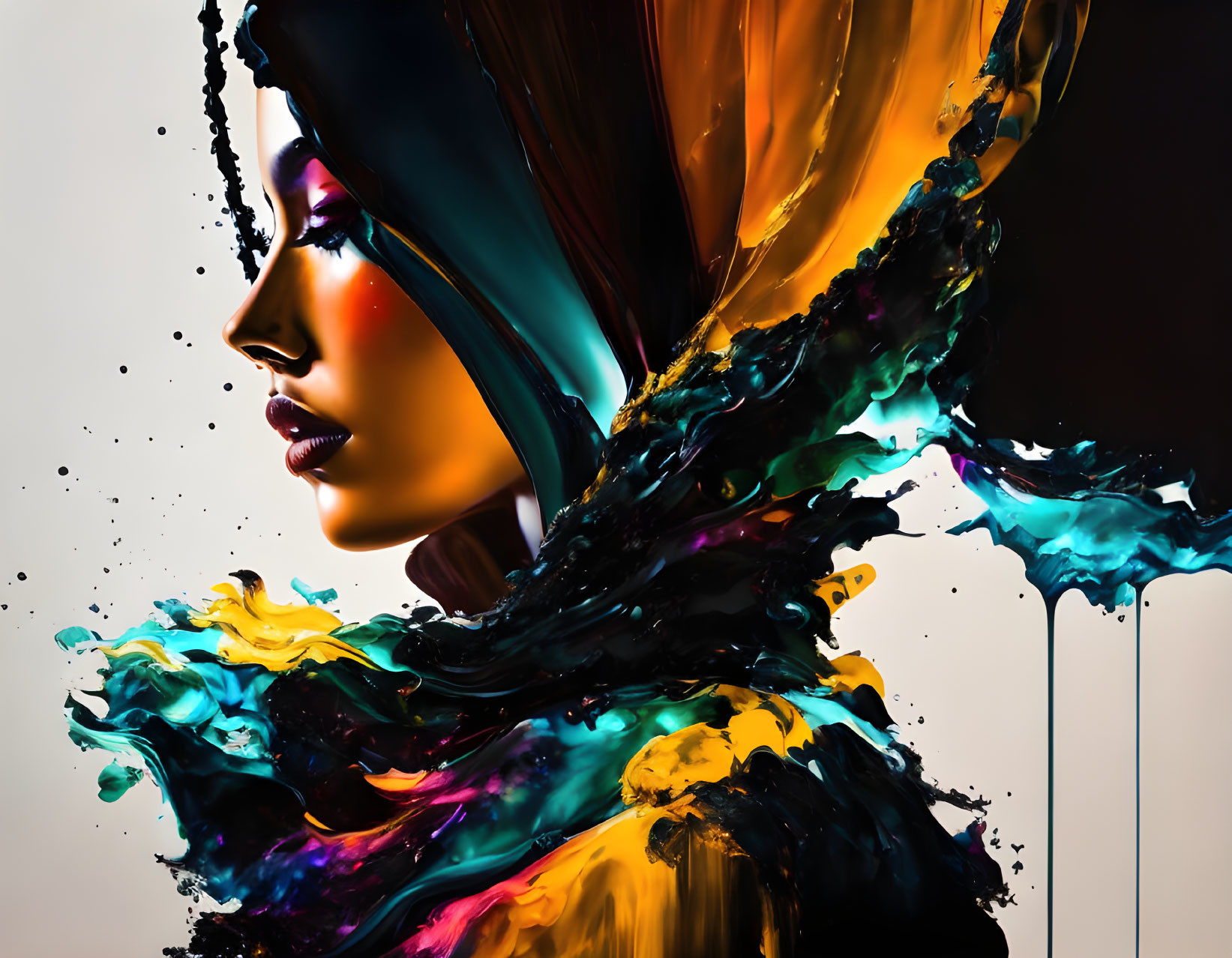 Colorful flowing scarf merges with liquid paint on dark background