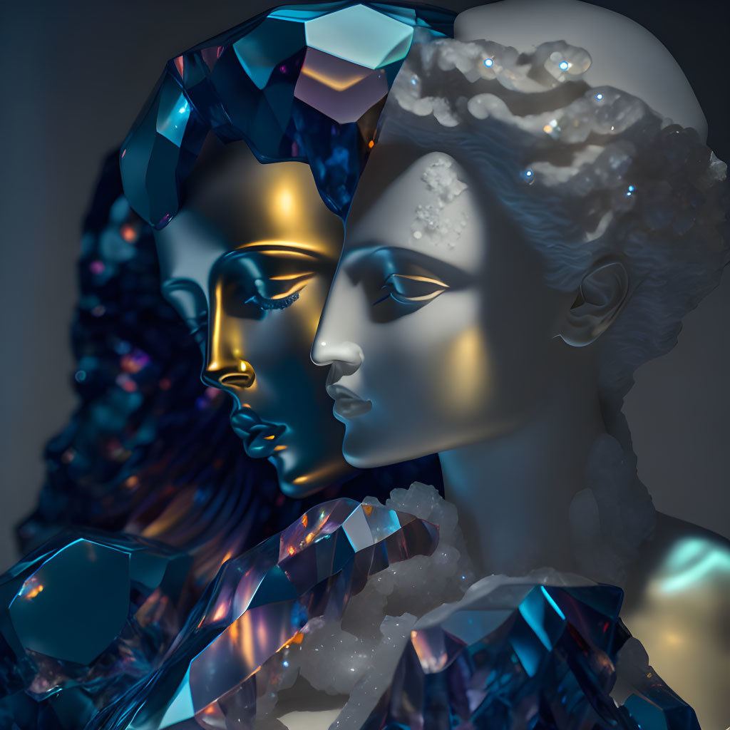 Stylized crystalline human figures with glowing features on dark background