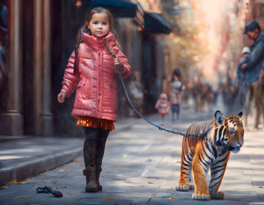 Young girl in pink coat walks city street with small realistic tiger toy on leash