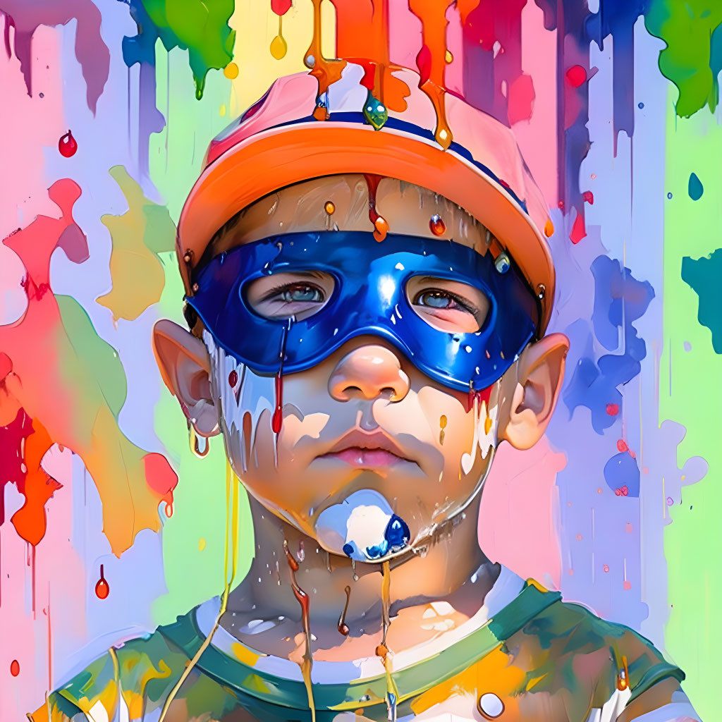 Child in Colorful Cap and Superhero Mask on Vibrant Paint Drip Background