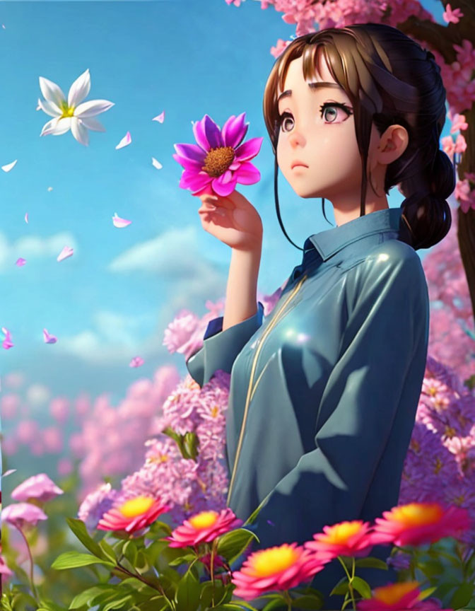 Girl with Large Expressive Eyes Holding Pink Flower Surrounded by Lush Petals