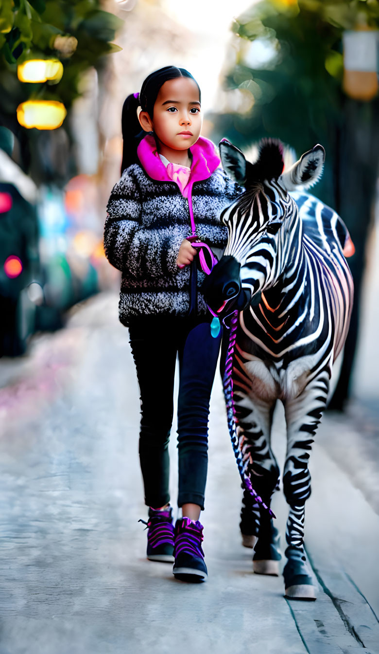 Young girl in faux fur coat with zebra on street