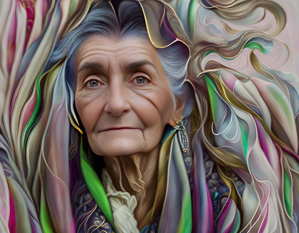 Elderly woman portrait with colorful abstract swirls