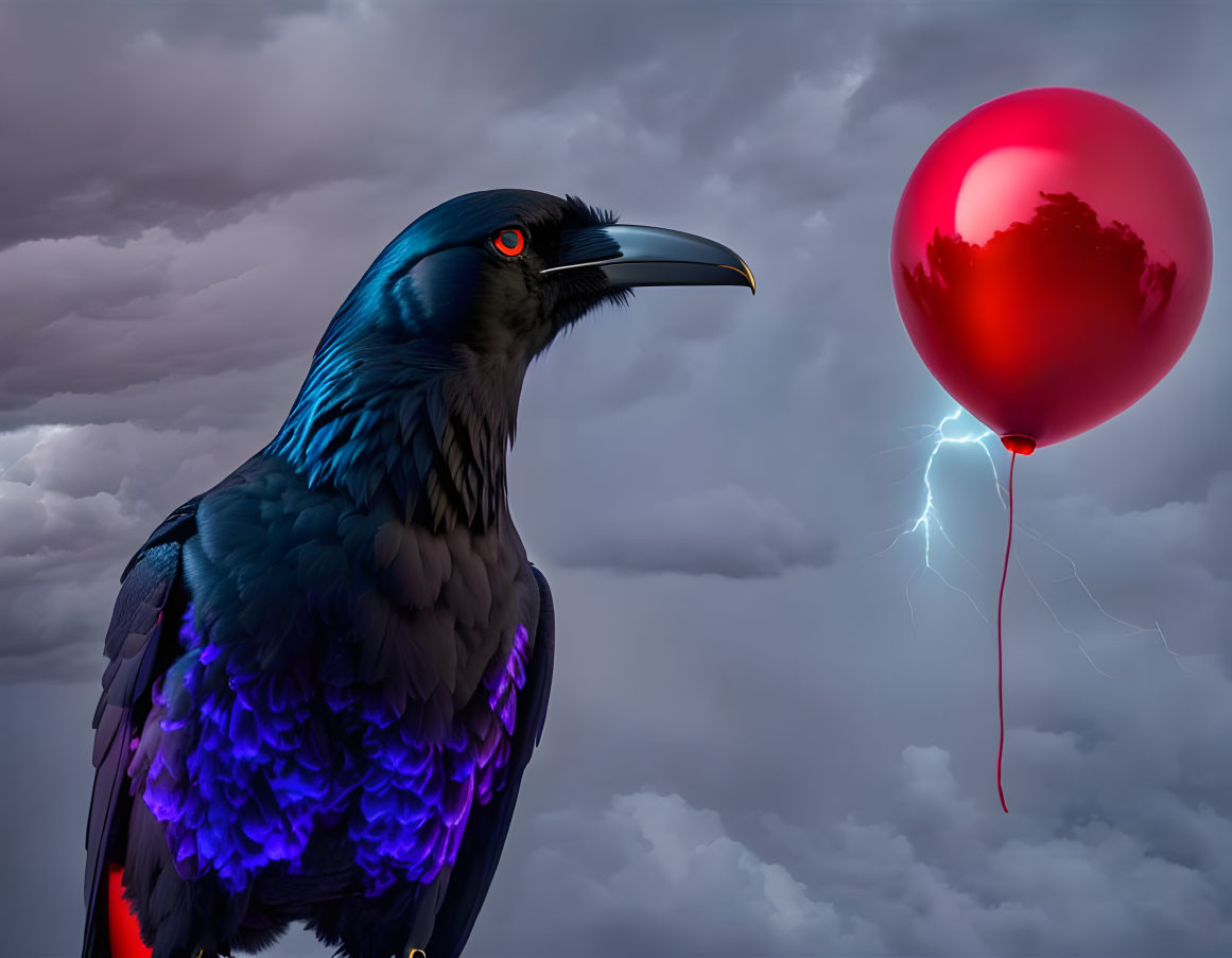 Raven with iridescent feathers and red balloon in stormy sky