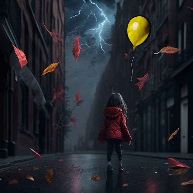 Child in Red Jacket on Wet Street with Yellow Balloon and Lightning