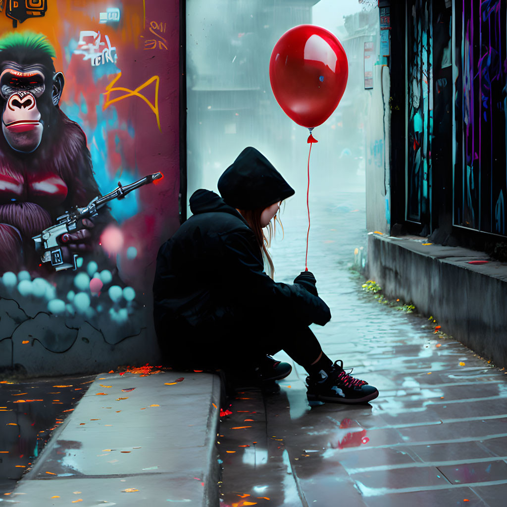 Person in black with beanie holding red balloon by graffiti wall with gorilla holding gun