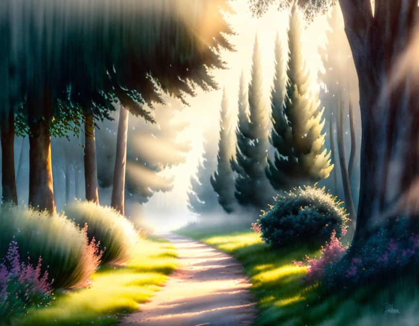 Tranquil Forest Path with Sunlight and Wildflowers