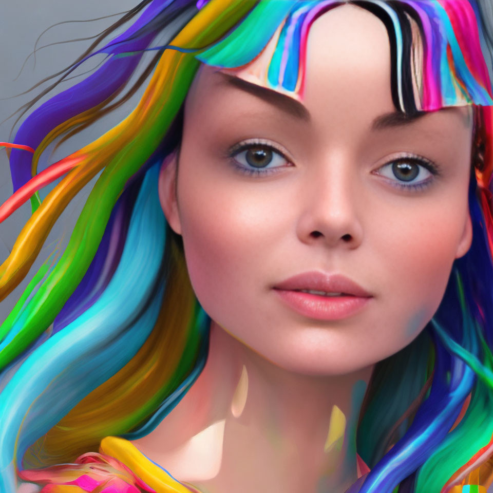 Vibrant rainbow hair woman portrait on grey background