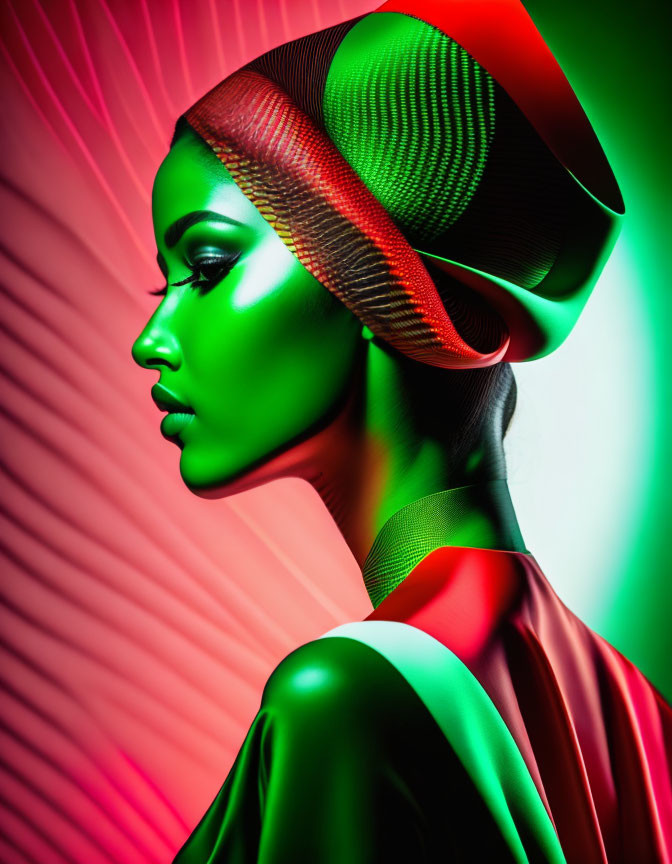 Vibrant red and green lighting on woman with stylish hat against striped background