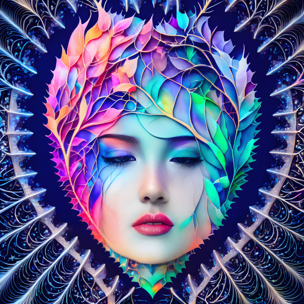 Colorful digital artwork: Woman's face with rainbow leaf hair & fractal patterns