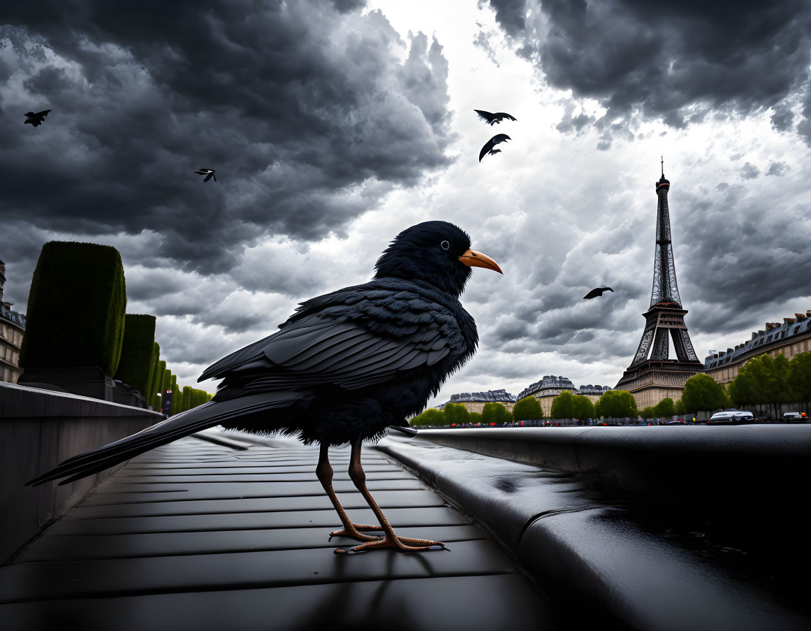 Blackbird on bench with Eiffel Tower and stormy sky.