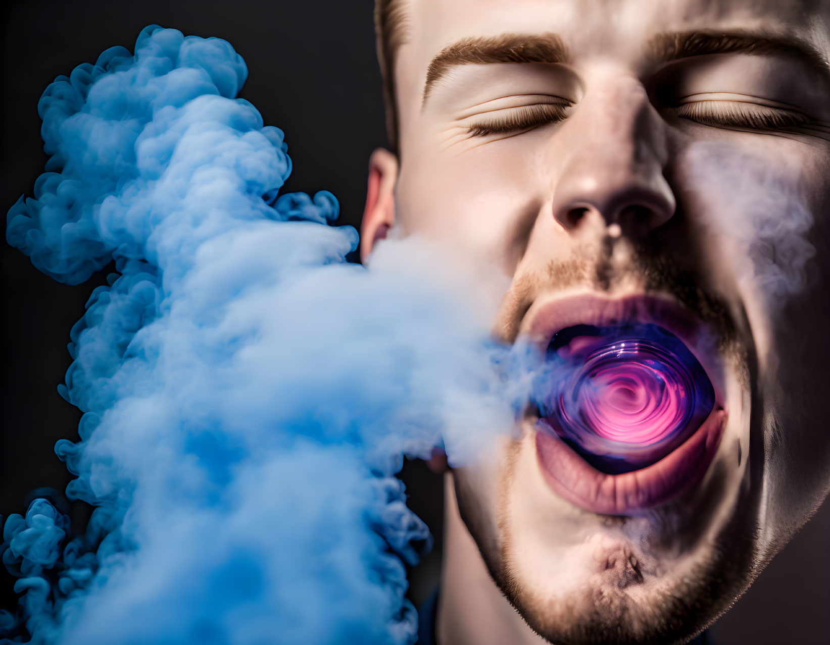 Blue smoke exhaled with glowing circular device on dark background