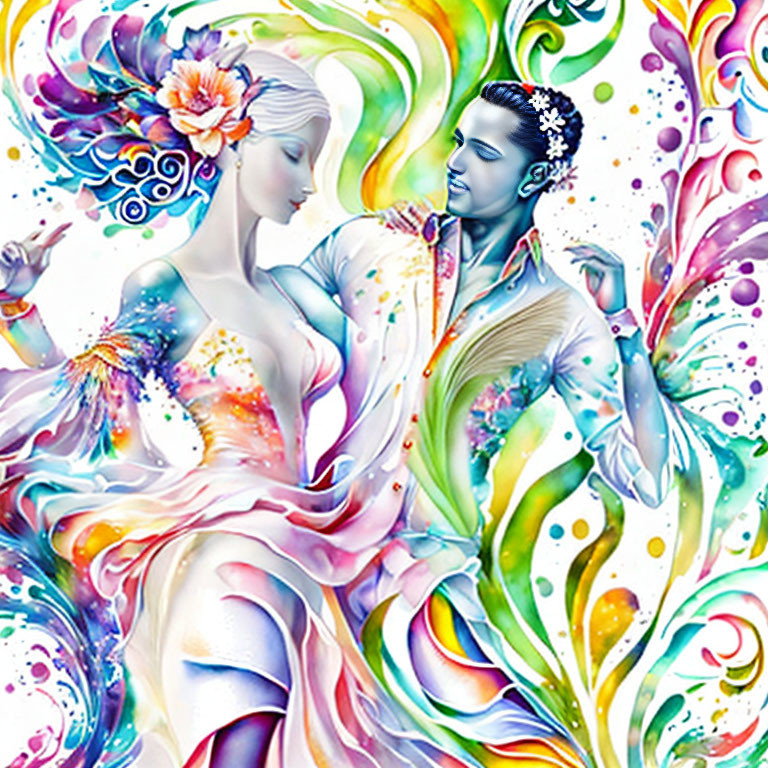 Colorful illustration of male and female couple with floral attire