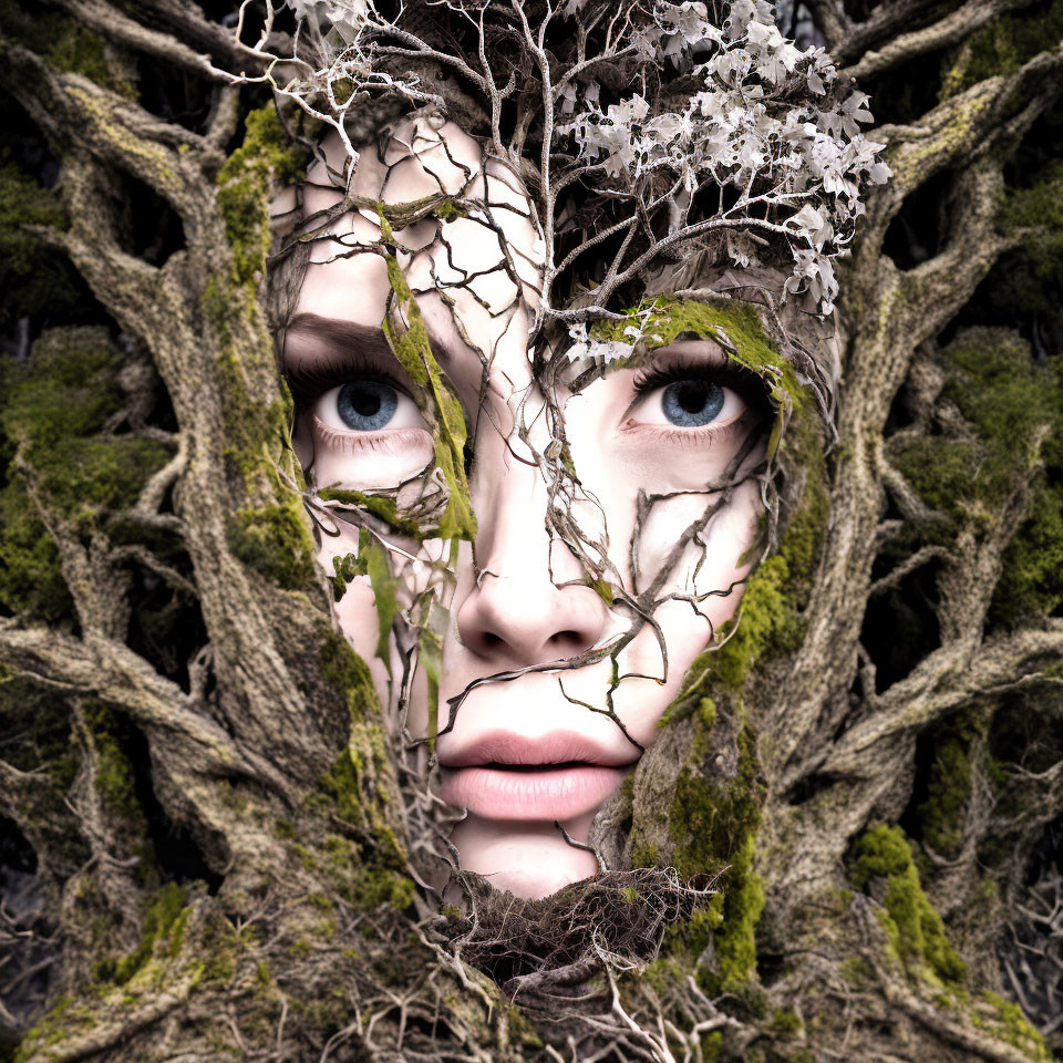 Surreal image blending woman's face with tree roots and branches