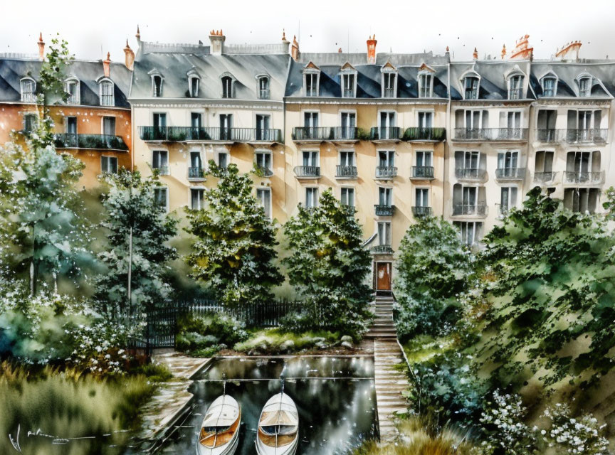 Urban garden painting with greenery, building, and boats