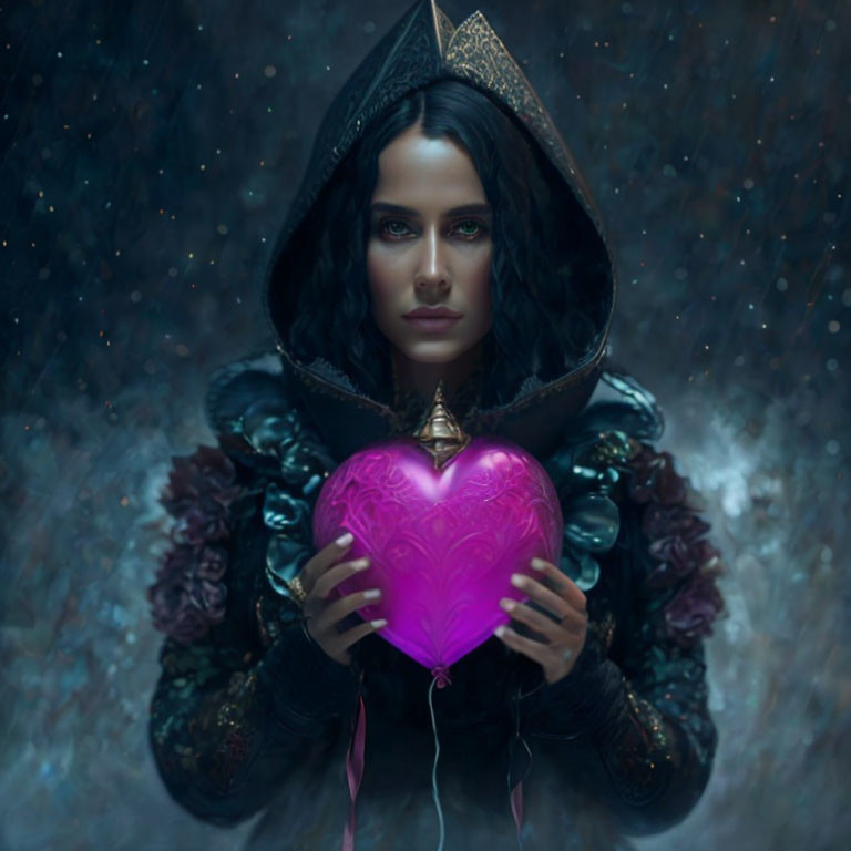 Mysterious Woman with Glowing Pink Heart in Dark Cloak