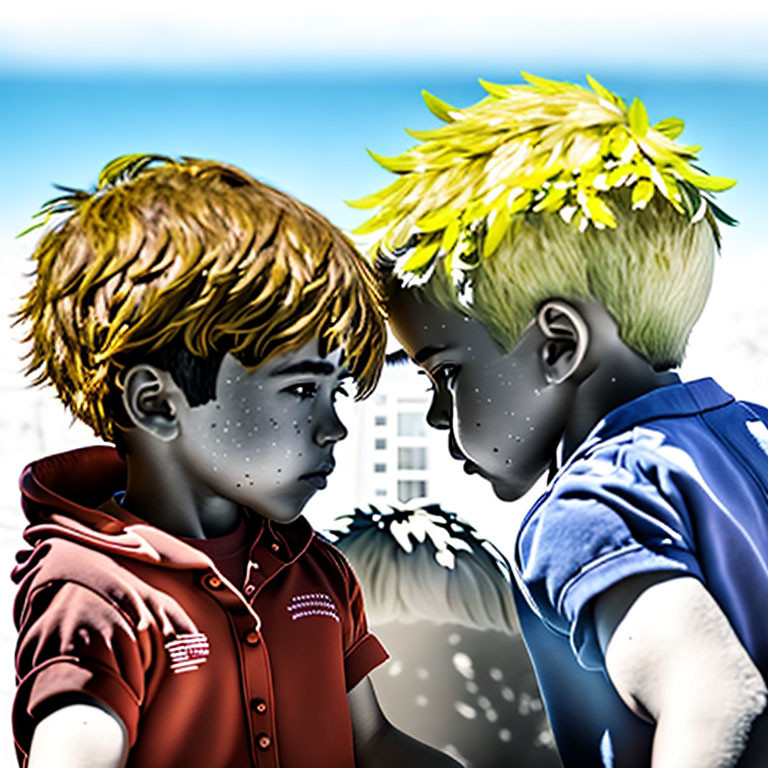 Two young boys with stylized hair in red and blue shirts facing each other against a cityscape background