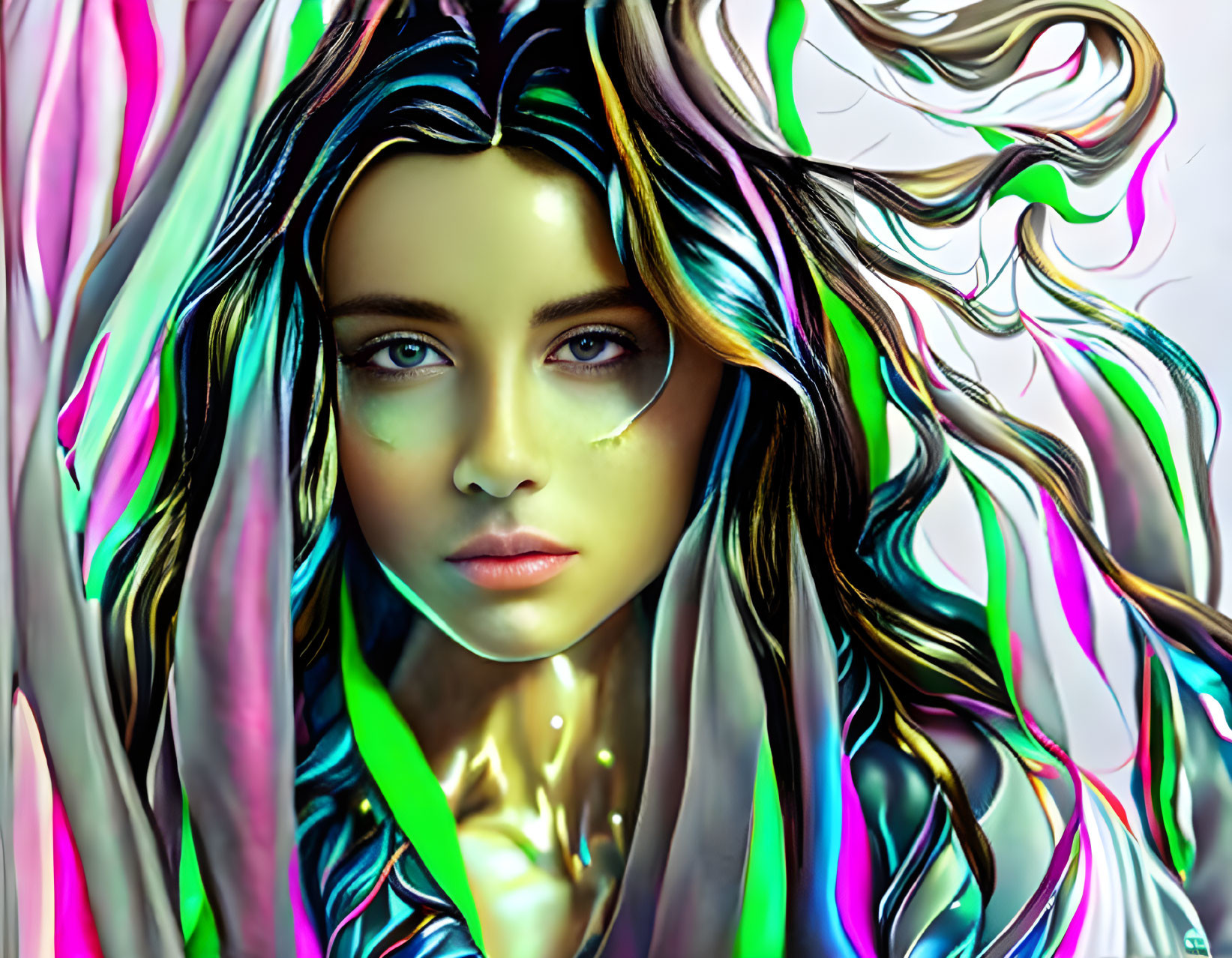 Colorful digital portrait of a woman with multicolored hair and green eyes