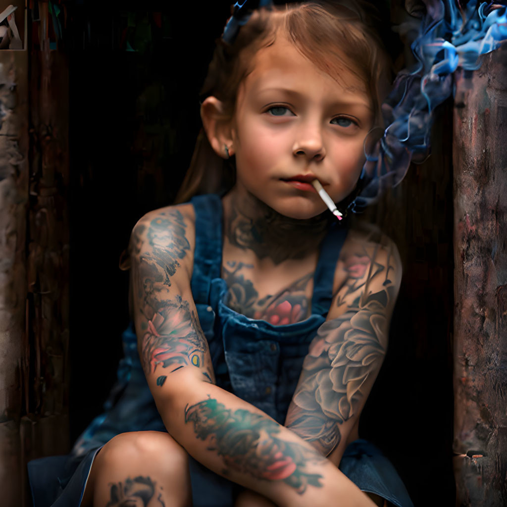 Young girl with tattoos smoking in rustic setting