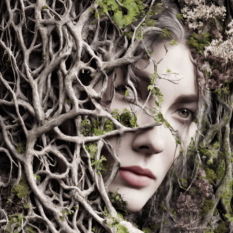 Surreal portrait of woman's face with branches and roots intertwined