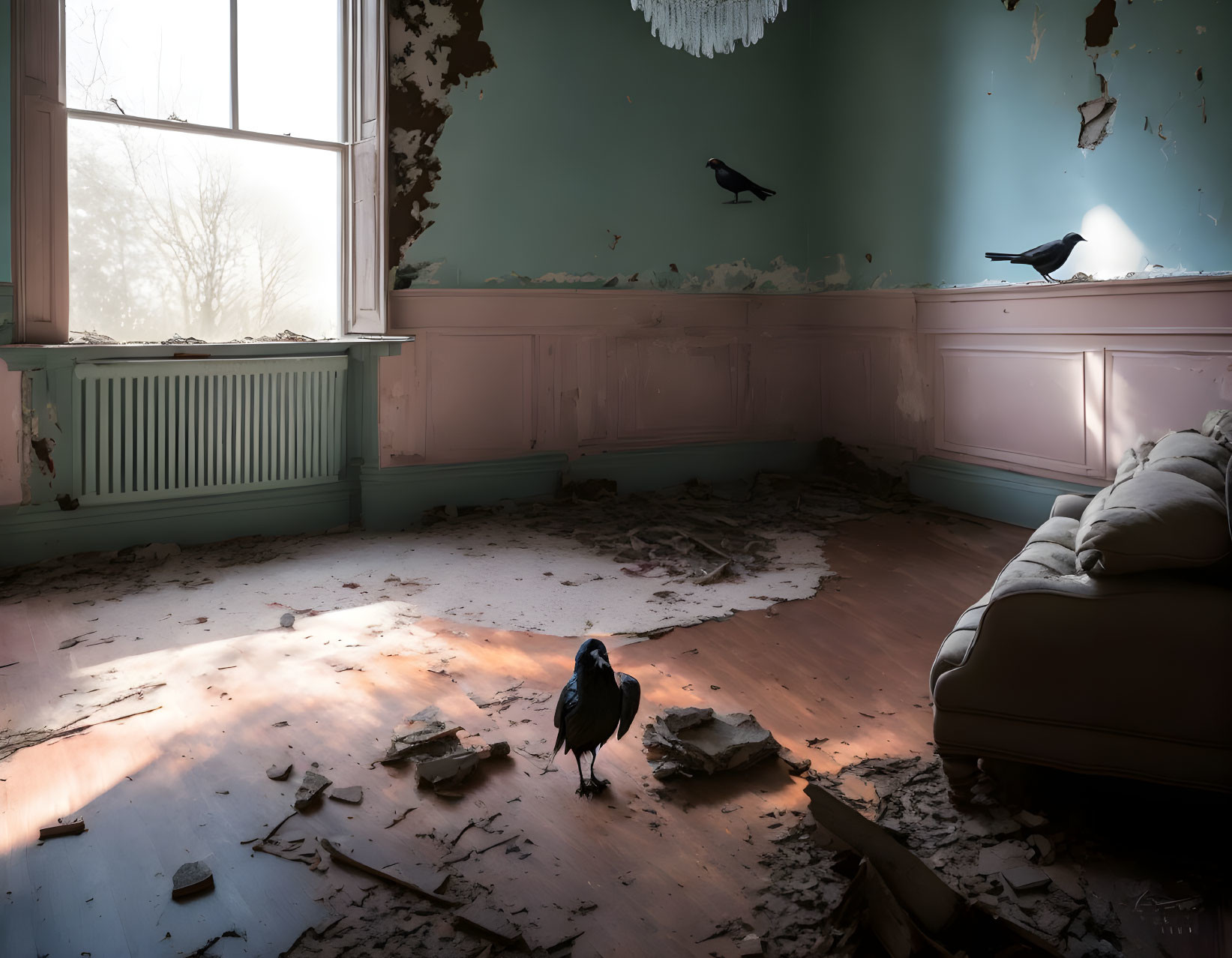 Desolate room with peeling teal walls, dusty floor, ravens, and soft light.