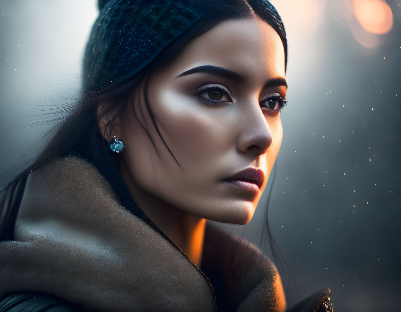 Close-up of woman with dramatic makeup in green beanie and fur-lined coat against bokeh lights.