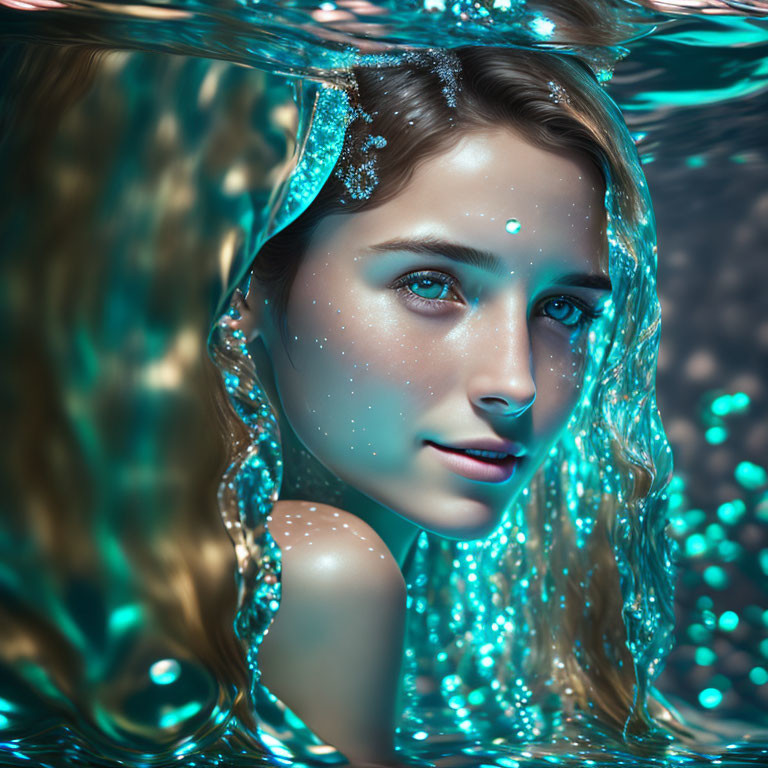 Young woman partially submerged in shimmering blue water