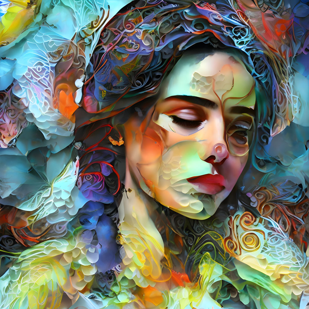 Vivid digital artwork of woman's profile with colorful butterfly patterns