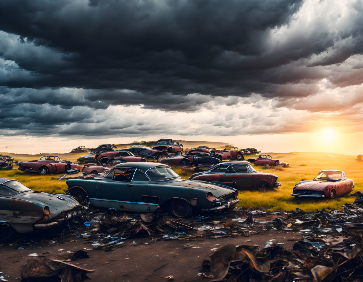 Abandoned vintage cars in field under stormy sunset sky