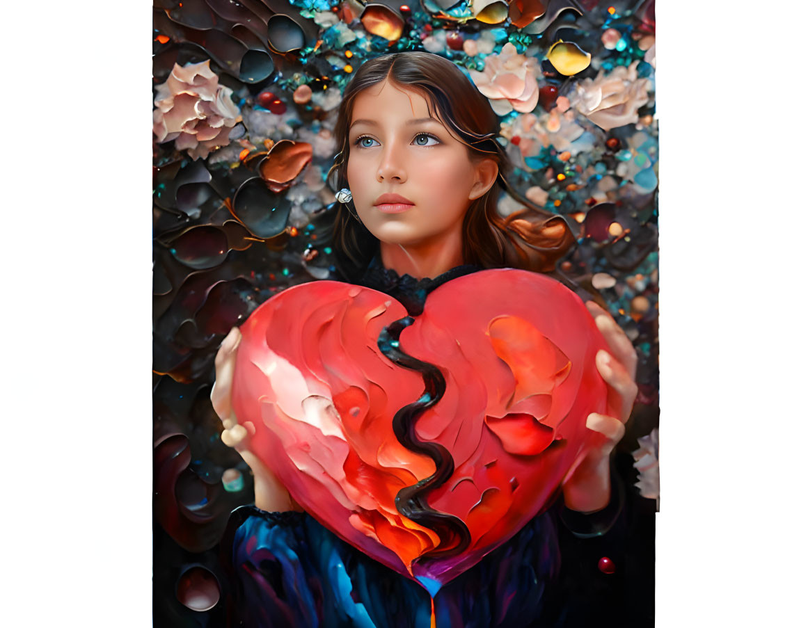 Vibrant cracked heart held by young girl in colorful, abstract setting